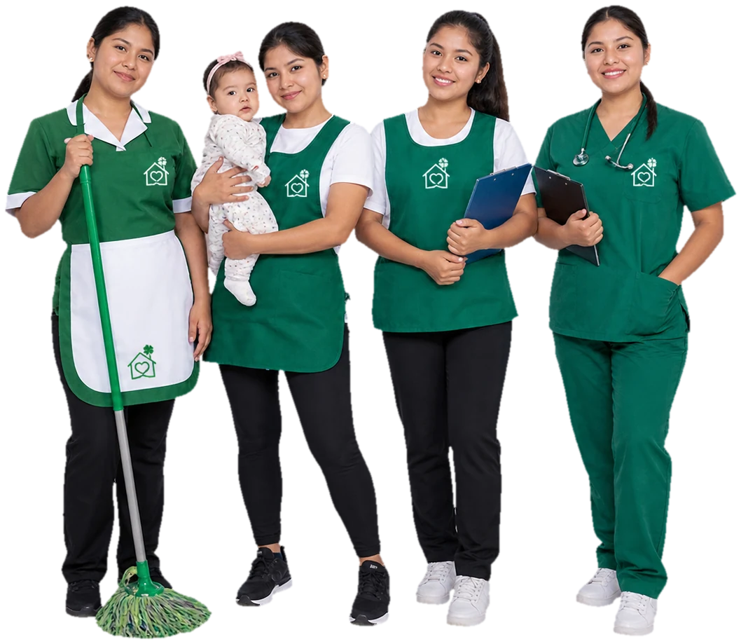 Cuatro profesionales de Agencia Los Portales con uniforme verde: empleada del hogar, nana con una bebé en brazos, personal de apoyo y enfermera